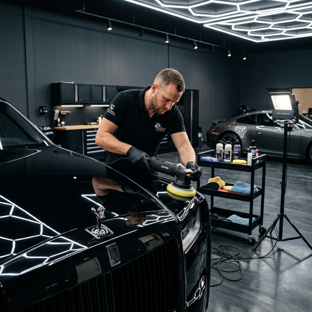 Professional detailer polishing a luxury car